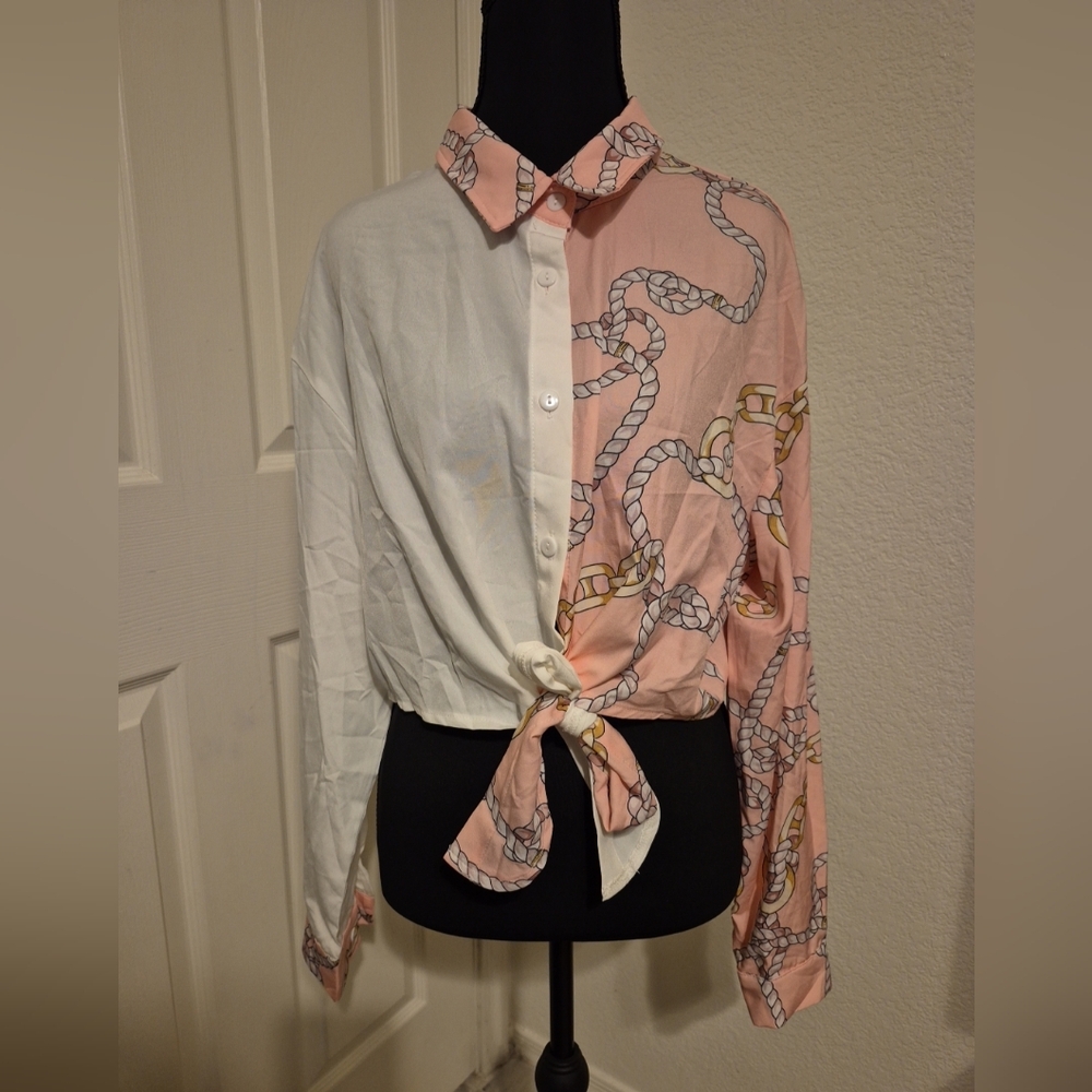 SHEIN Pink & White Chain-Print Tie Front Button Down Shirt